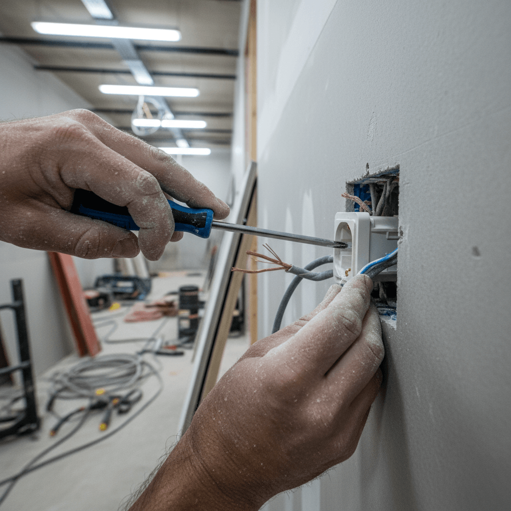 Nahaufnahme von Händen eines Handwerkers bei der präzisen Verkabelung einer Steckdose