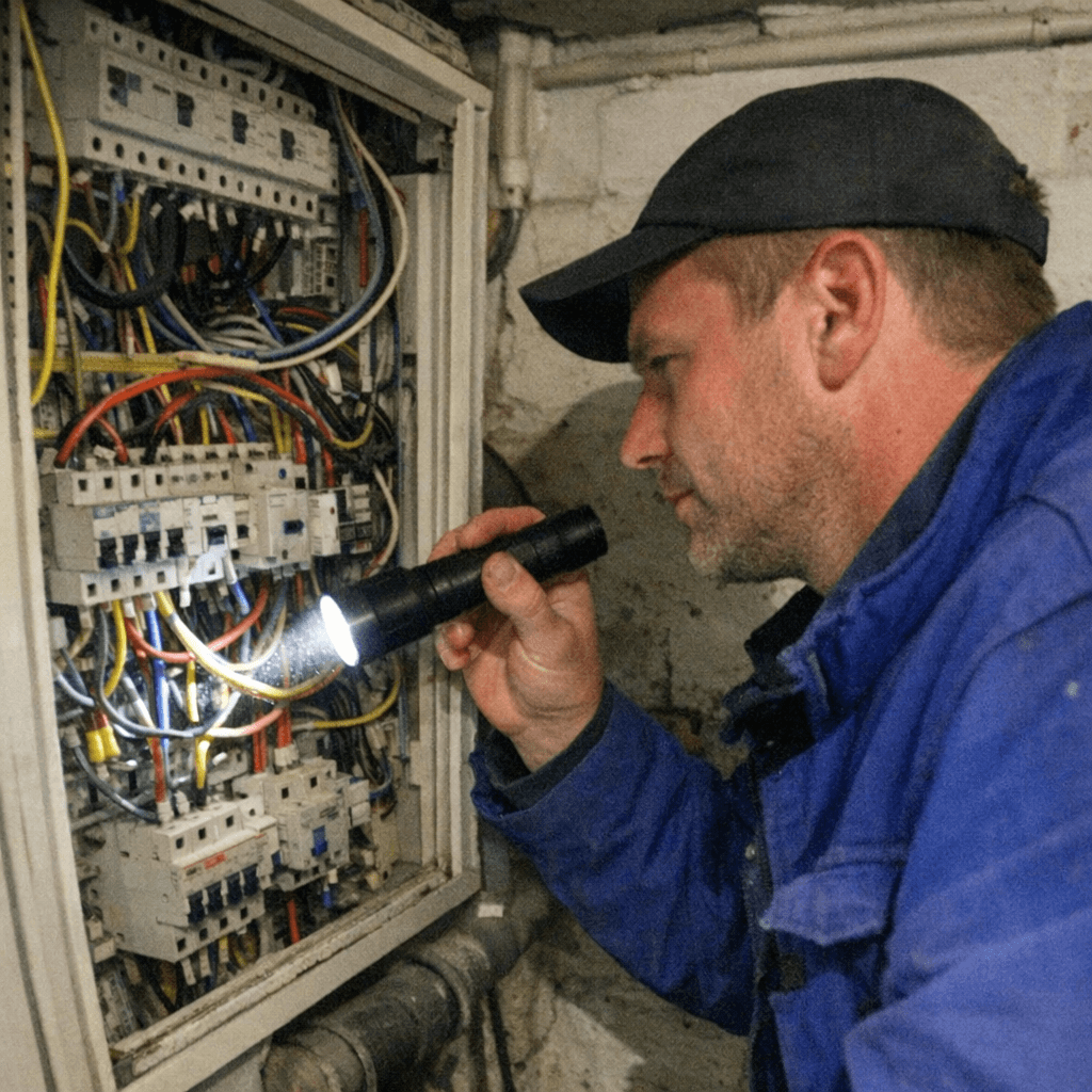 Professioneller Techniker in Arbeitskleidung bei der Überprüfung eines Schaltschranks