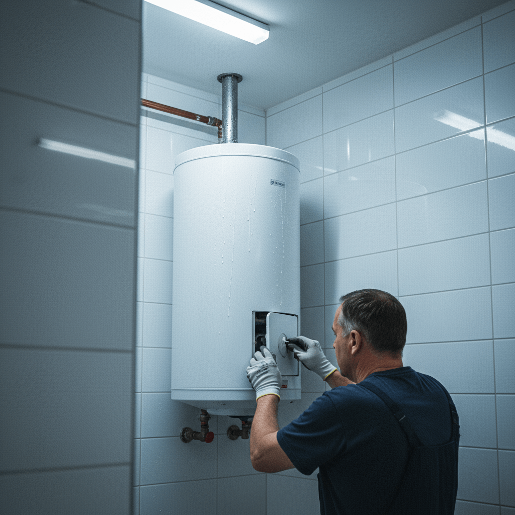 Moderner elektronischer Durchlauferhitzer im Badezimmer