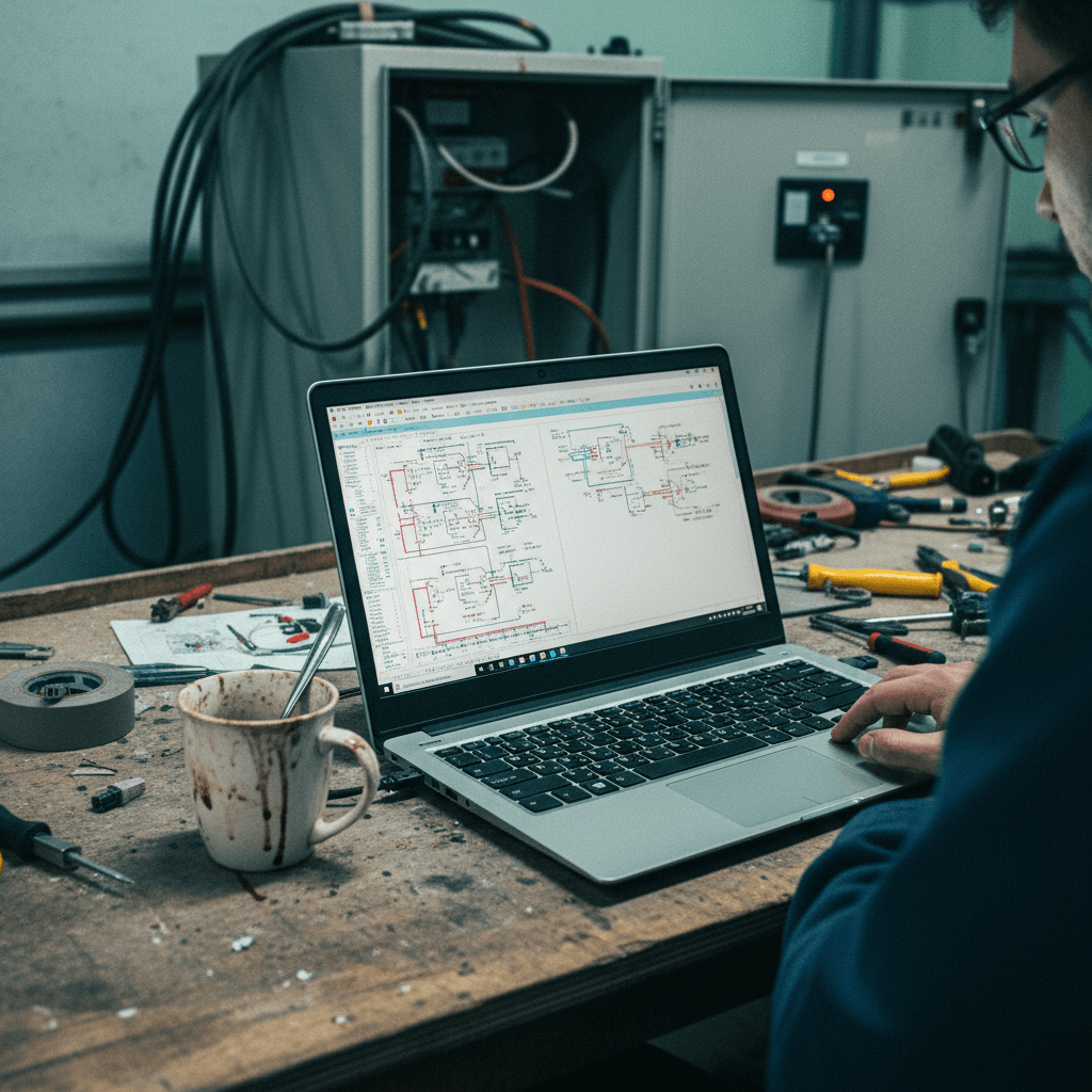 Techniker beim Programmieren einer KNX Steuerung am Laptop